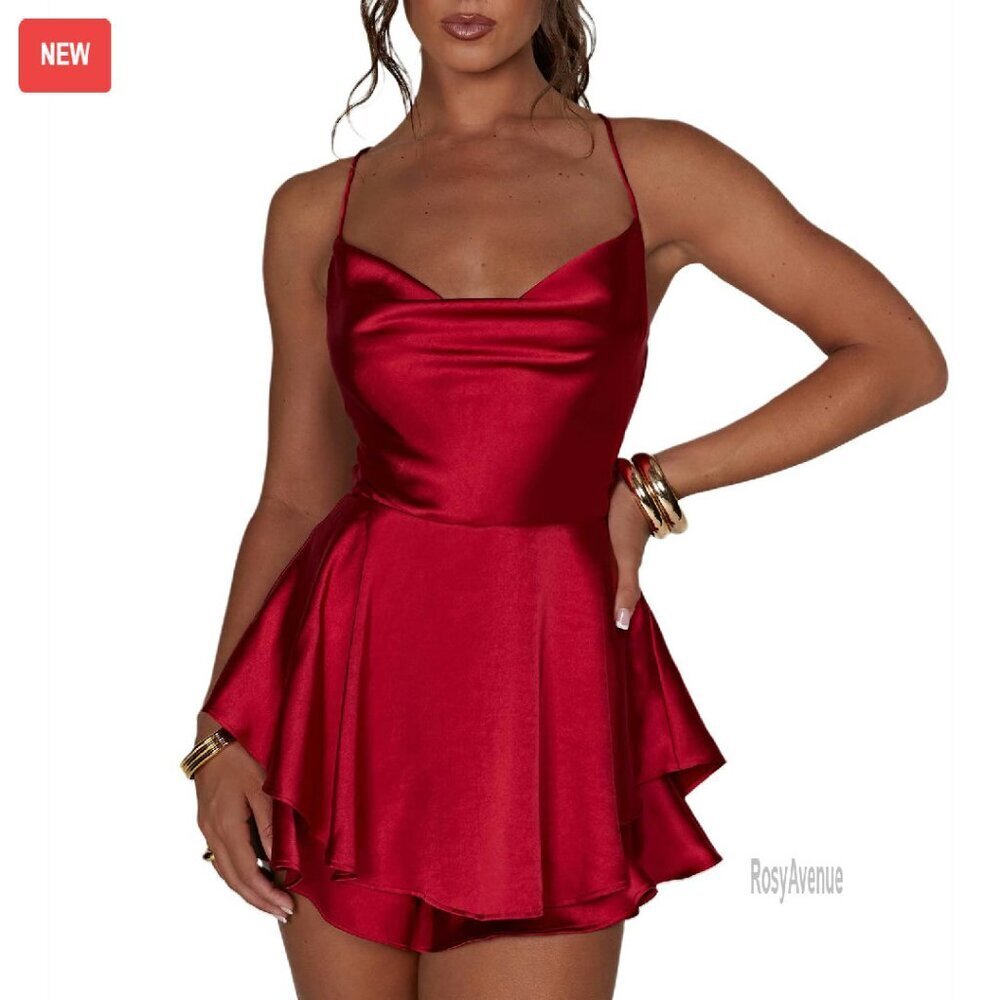 Satin Backless Romper Cowl Neck Spaghetti Strap Jumpsuit Mini Dress